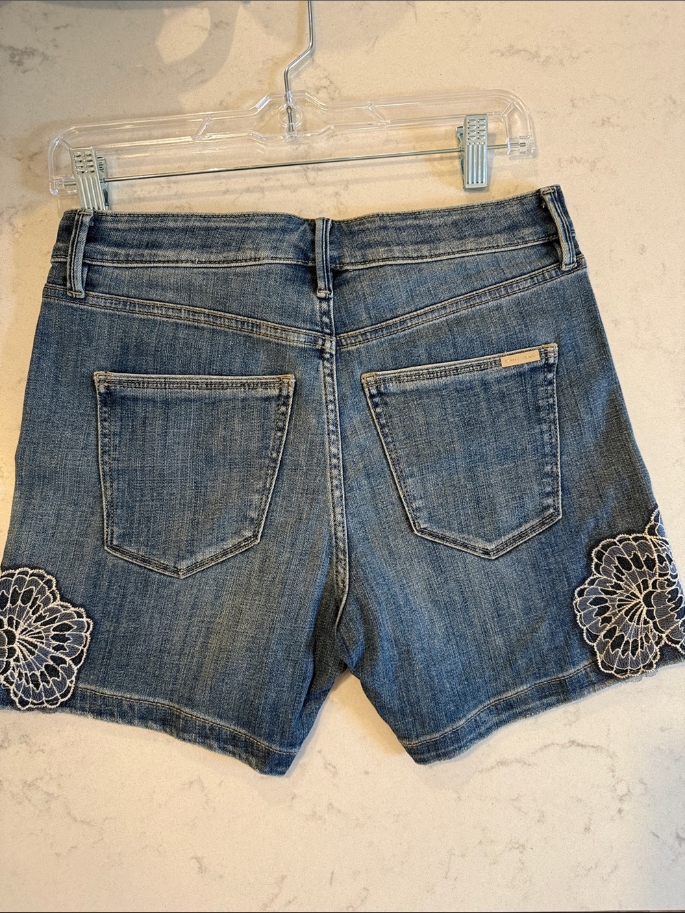 White House Black Market Blue Denim Shorts with White Lace Trim - Picture 4 of 4